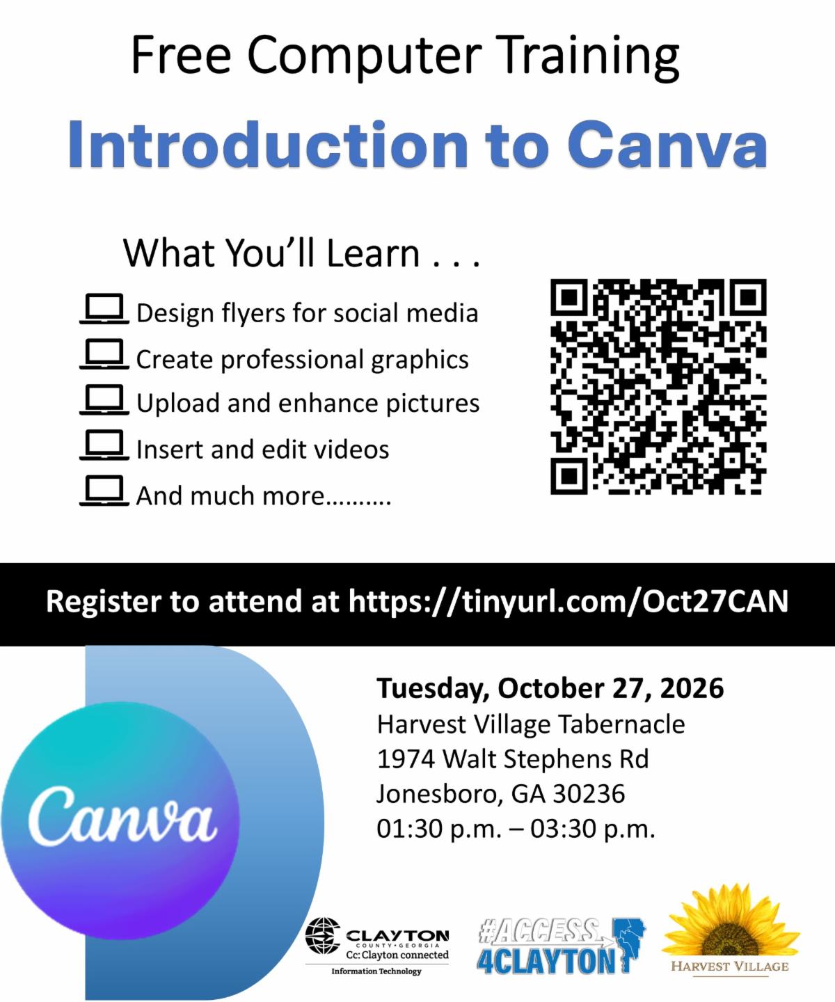 Join the Office of Digital Equity for FREE Introduction to Canva Training on Tuesday, October 27, 2026, from 1:30 PM - 3:30 PM at Harvest Village Tabernacle