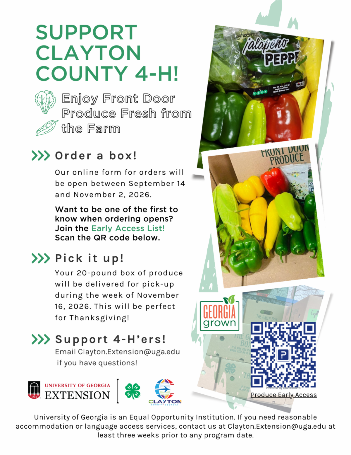 Ordering opens September 14 through November 2! Produce orders will be available for pick-up during the week of November 16, 2026. Register today: https://uga.questionpro.com/claytonproduce