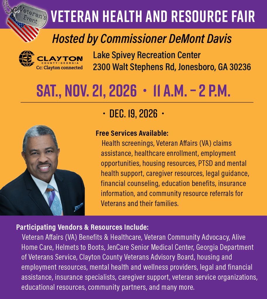 oin Commissioner DeMont Davis for a Veteran Health and Resource Fair on Sat., Nov. 19, 2026, from 11 a.m. â€“ 2 p.m. at Lake Spivey Recreation Center