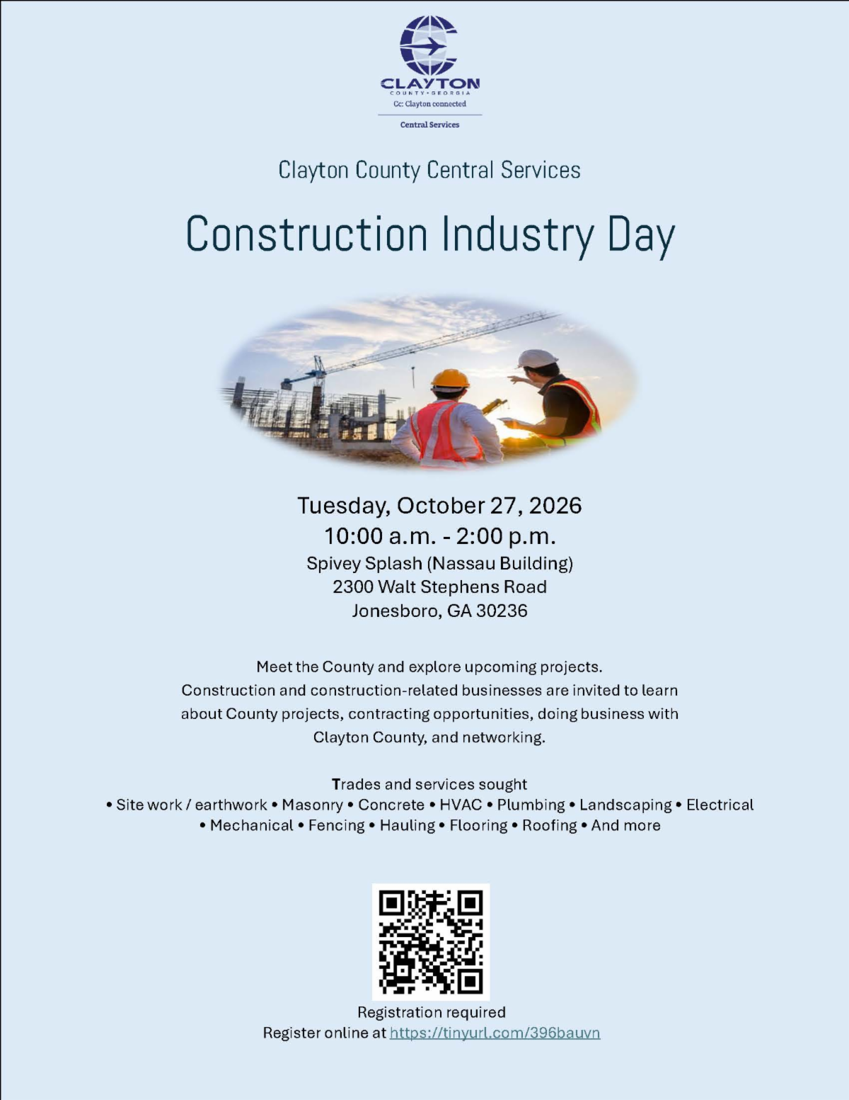 Construction Industry Day on Tuesday, October 27, 2026, from 10 am - 2 pm at Spivey Splash Water Park Nassau Building 2300 Walt Stephens Road, Jonesboro, Ga 30236, to learn about the upcoming construction projects with Clayton County