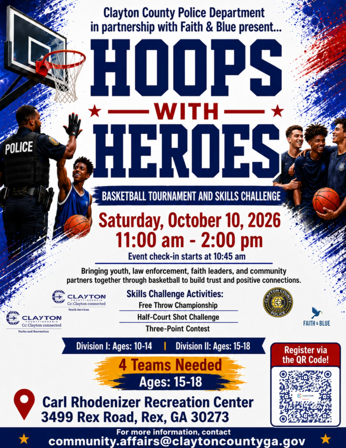 Clayton County Police Department  invites youth and families to join us on Saturday, October 10, 2026, from 11 a.m. to 2 p.m. at the Carl Rhodenizer Recreation Center, 3499 Rex Road, Rex, GA 30273