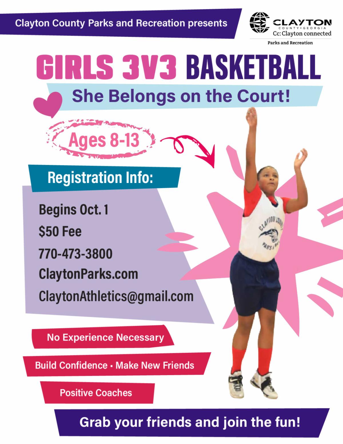 Calling all girls ages 8-13 to join Girls 3v3 Basketball! Registration opens Thursday, October 1, 2026, with a one-time $50 registration fee. For more information, call 770-473-3800