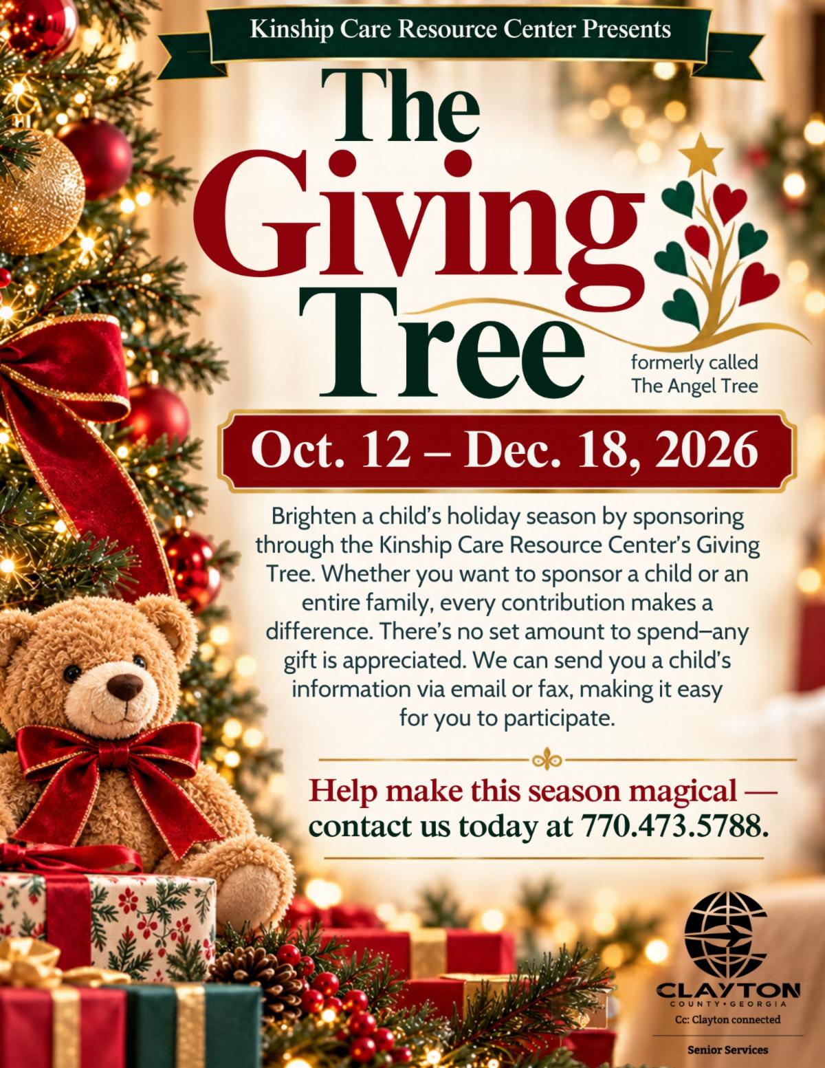 From Oct. 12 - Dec 18, join Kinship Care Resource Center in spreading joy through our Giving Tree program. Select a child, or an entire family & help bring smiles to those in need this holiday season. For more information, 770.473.5788