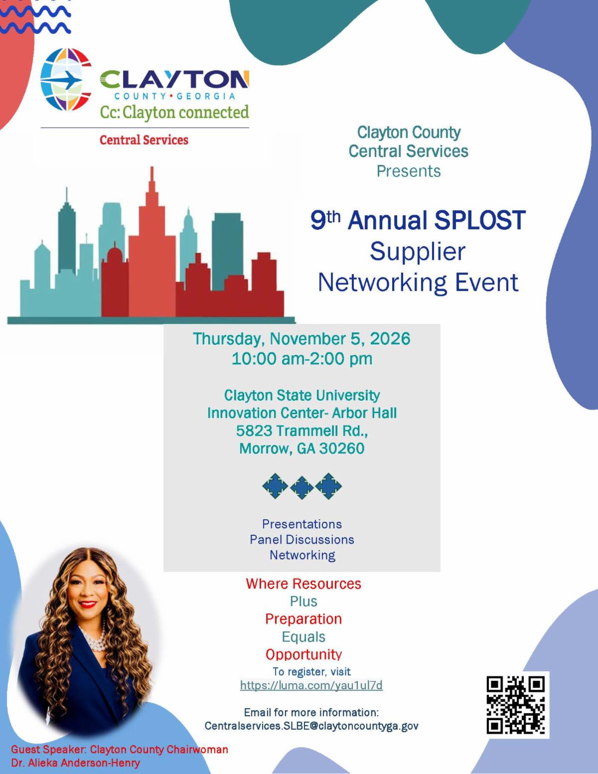 Central Services Presents the 9th Annual SPLOSTÂ&nbsp;Supplier Fair on Thursday, November 5, 2026, from 10 a.m. â€“ 2 p.m. at Clayton State University Invocation Center, Arbor Hall. Advanced registration is required: https://luma.com/yau1ul7d.