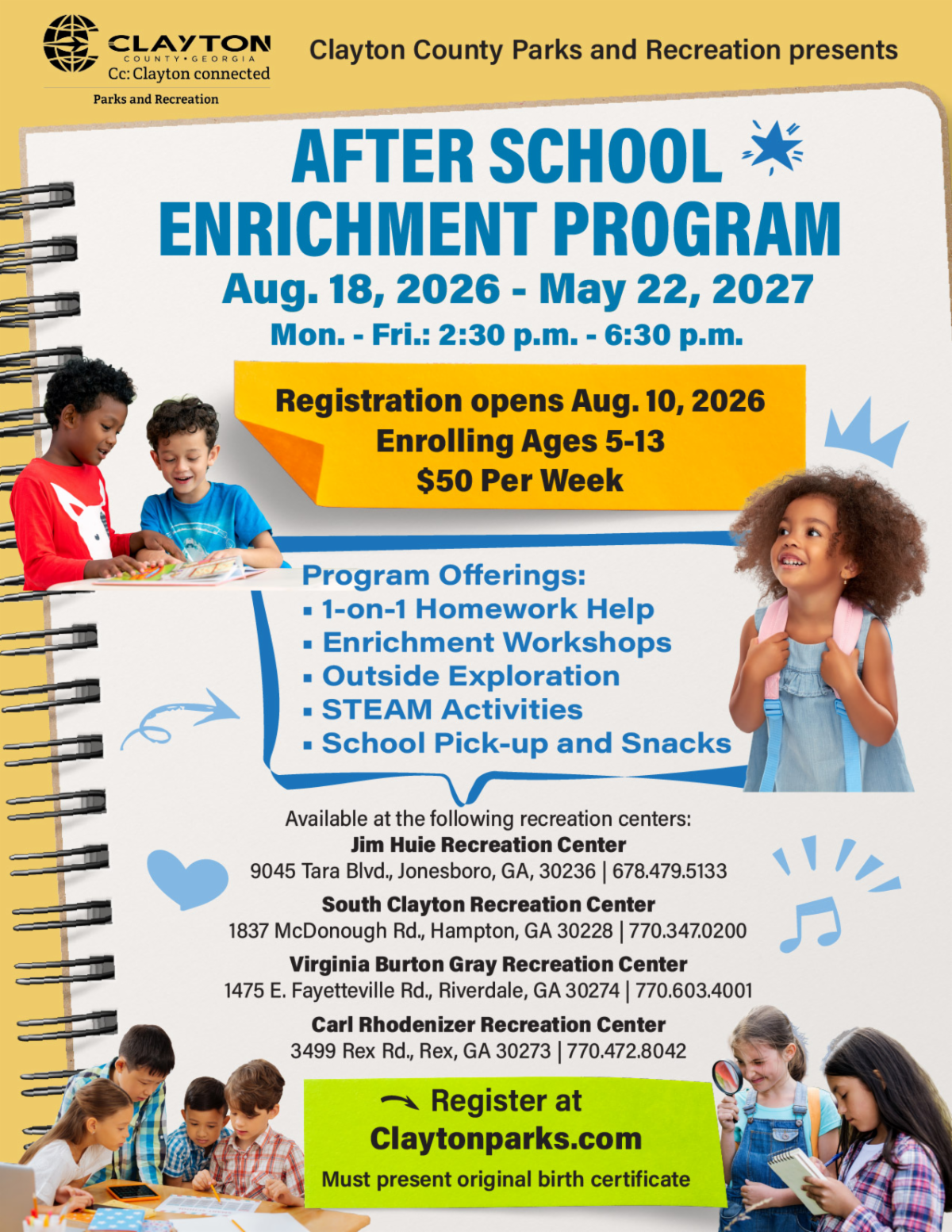 Registration is now open for the After School Enrichment Program! This program, for children ages 5â€“13, provides an empowering learning environment that offers 1-on-1 homework help, enrichment workshops, outside exploration, and STEAM activities.