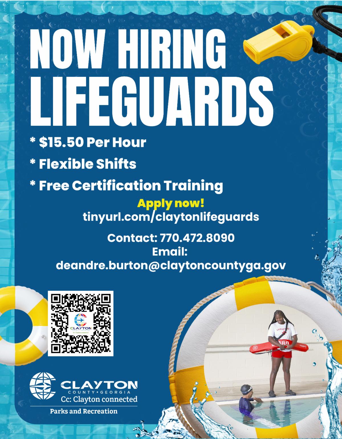 Clayton County Parks and Recreation is now hiring lifeguards for various recreation centers! Not certified? No problem! Parks and Recreation offers free certification training.