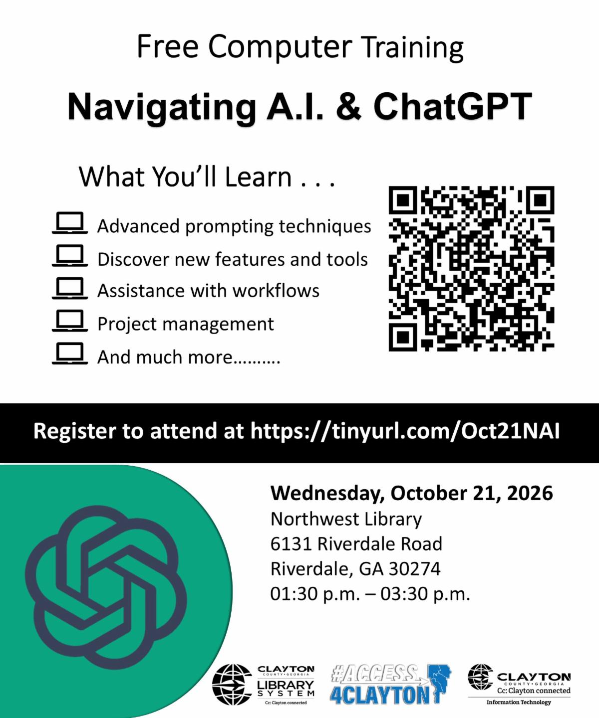 FREE Navigating A.I. & ChatGPT Training on Wednesday, October 21, 2026, from 1:30 PM - 3:30 PM at Northwest Library, 6131 Riverdale Rd., Riverdale, GA 30274