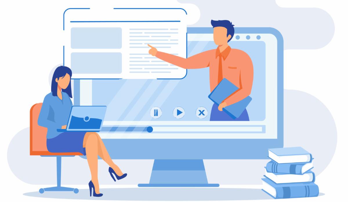 Illustration showing a speaker extending out of a very large computer screen towards a woman seated looking at her own laptop.