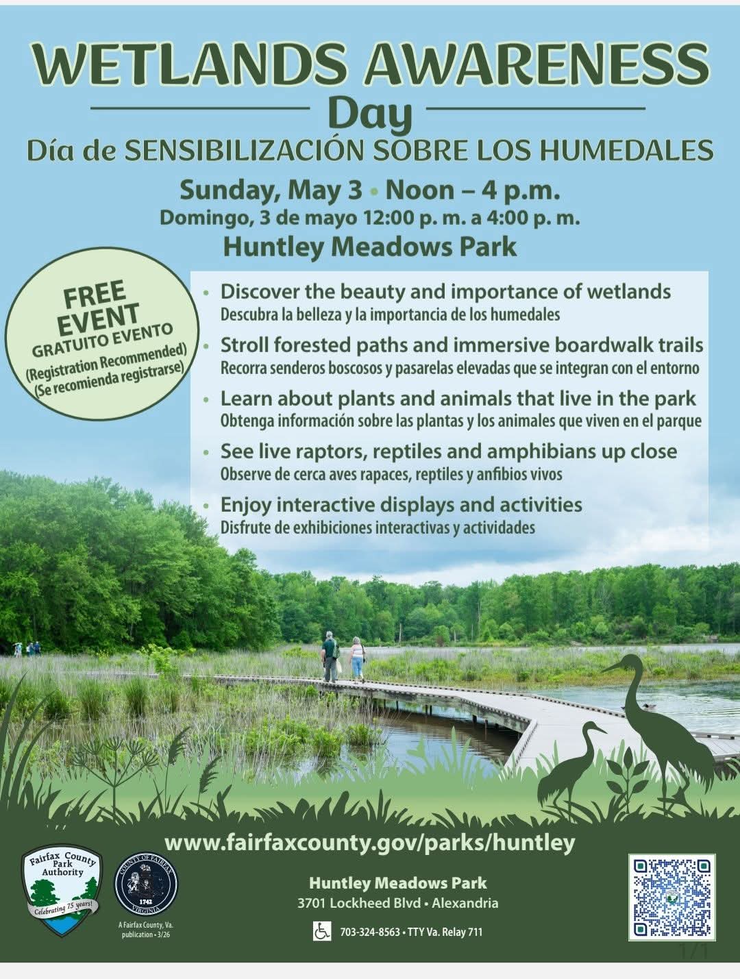 Flyer for Wetlands Awareness Day, May 3, noon–4 p.m., Huntley Meadows Park; free event with walks, wildlife, activities.