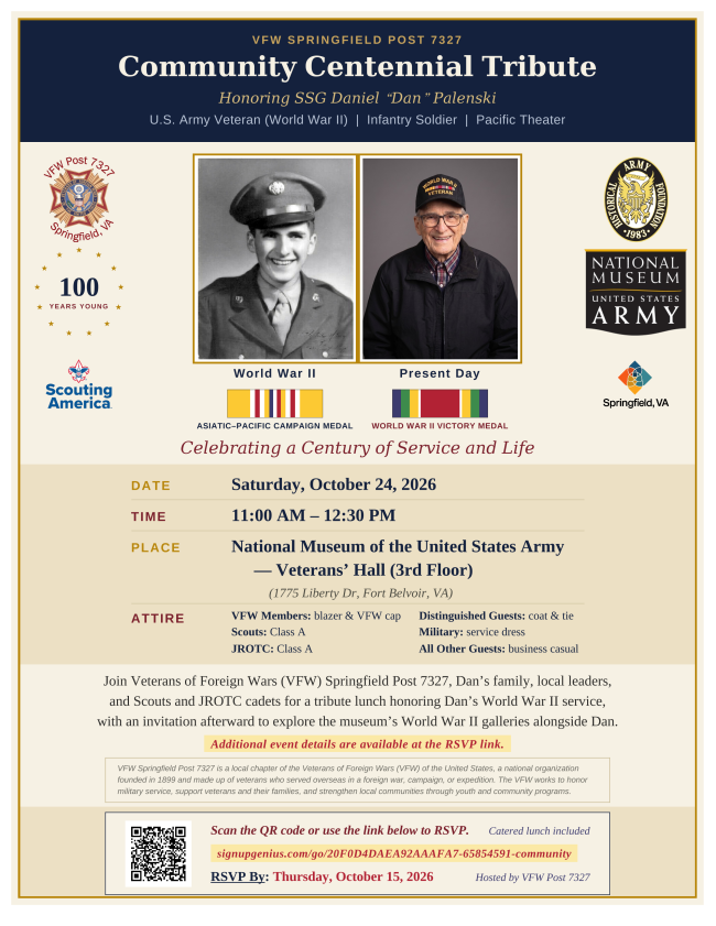 Flyer: VFW Centennial Community Tribute event information.