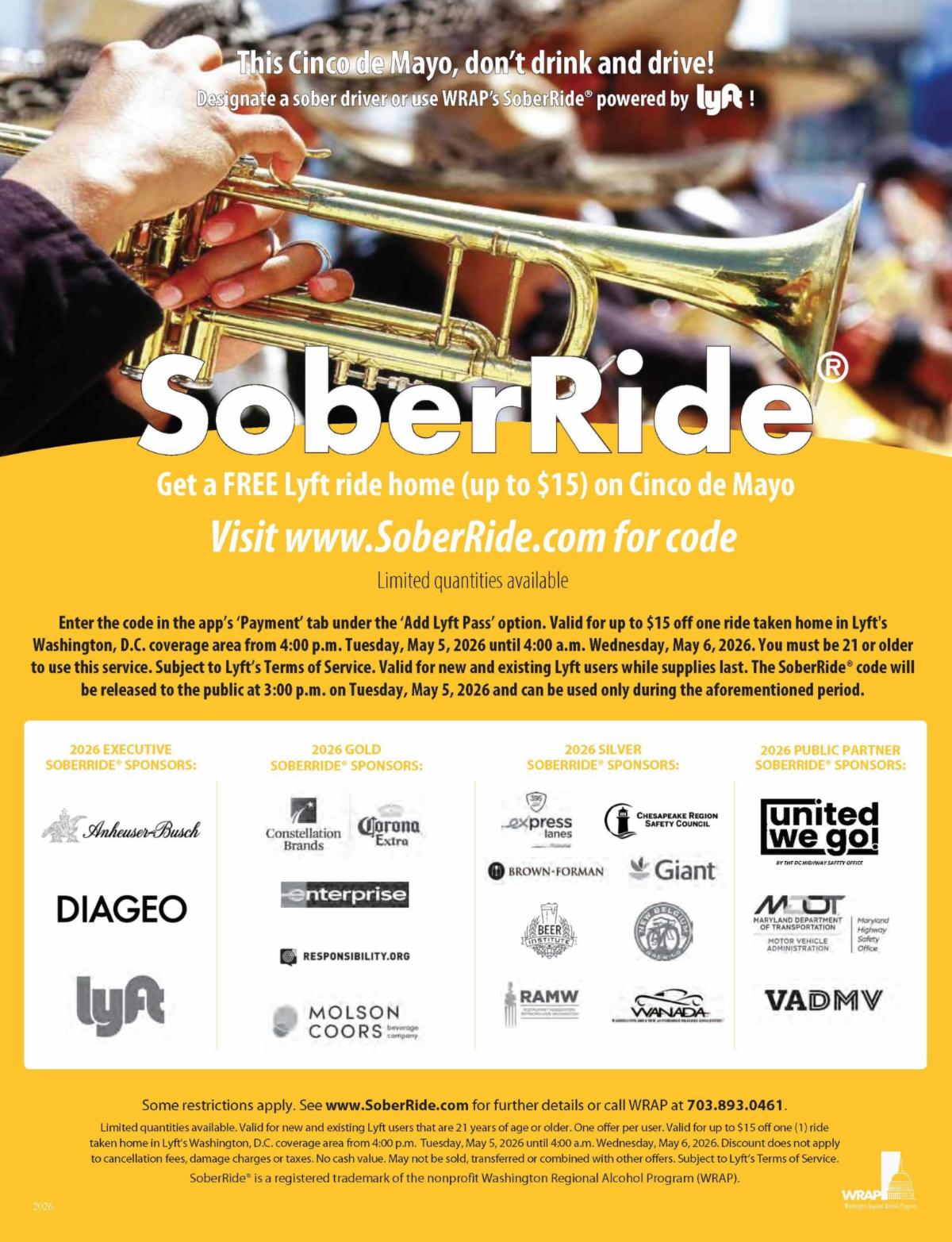 SoberRide flyer offering free Lyft rides up to $15 on Cinco de Mayo to prevent drinking and driving.