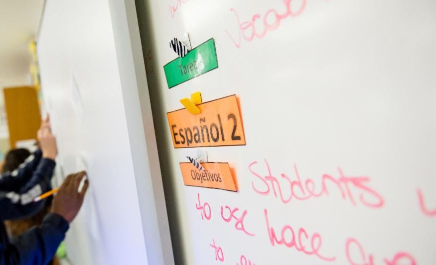 Whiteboard with Spanish and English writing. 