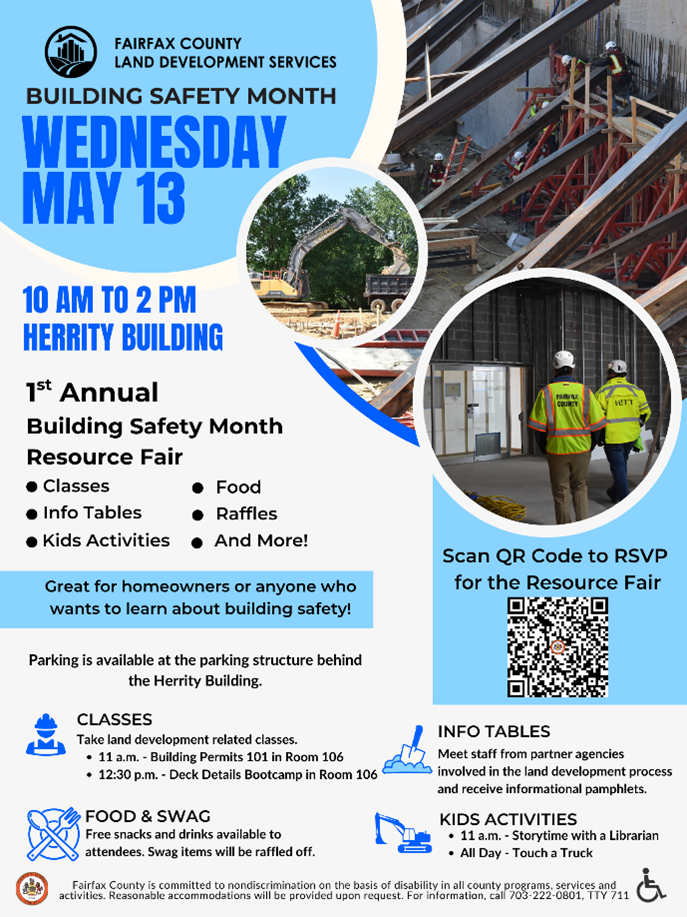 Flyer for Building Safety Month Event resource fair on Wednesday, May 13.