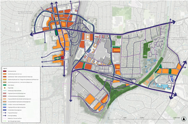 Land‑use map showing colored zones for commercial, mixed use, residential, parks, and major roads with directional arrows.