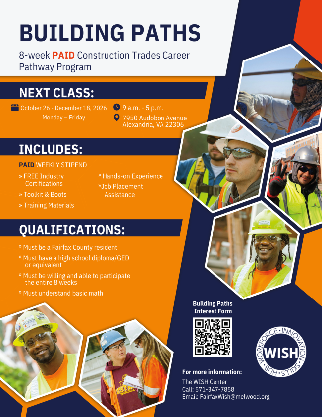 Flyer for Building Paths construction trades career pathway program.