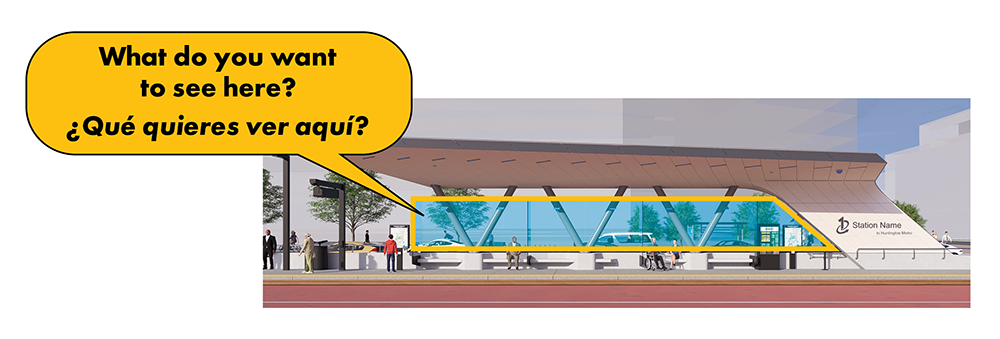 Graphic of bus stop with windscreen highlighted and text overlay: "What do you want to see here? Que quieres ver aqui?"