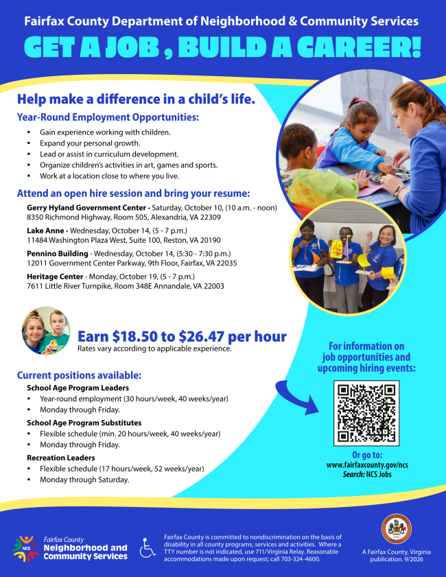 Flyer: Neighborhood Community Services Open Hiring Sessions information. 