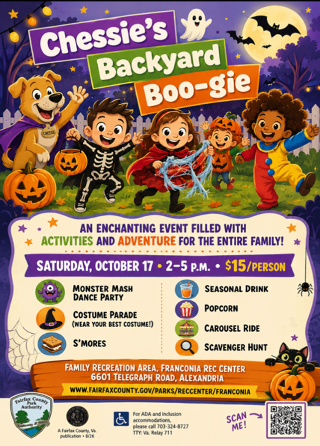 Flyer: "Chessie's Backyard Boo-gie" event information. 