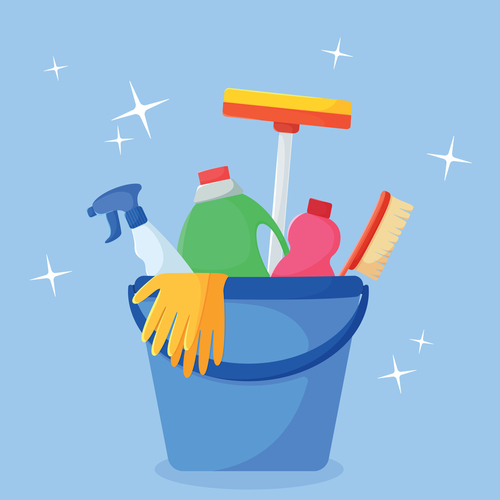 Vector image of a set for cleaning.  Household cleaning products. Illustration in flat style. Background blue. Cleaning products in a bucket  