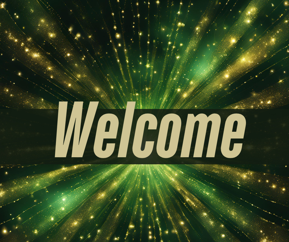 green and gold sparkles with Welcome 