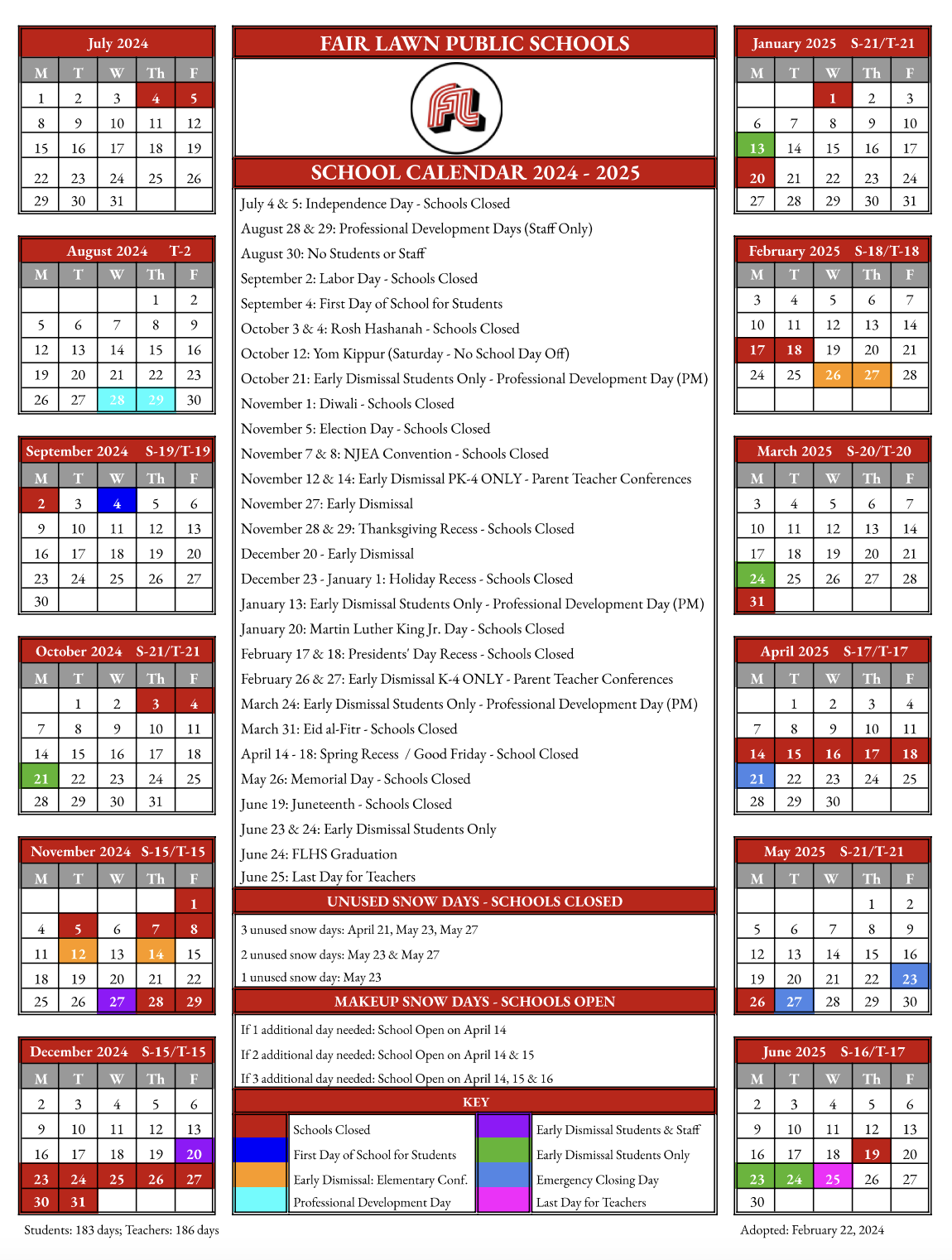 Fair Lawn Public Schools School Calendar 2024 2025