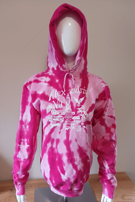 Pink tie-dyed hoodie with Alexandria VA print