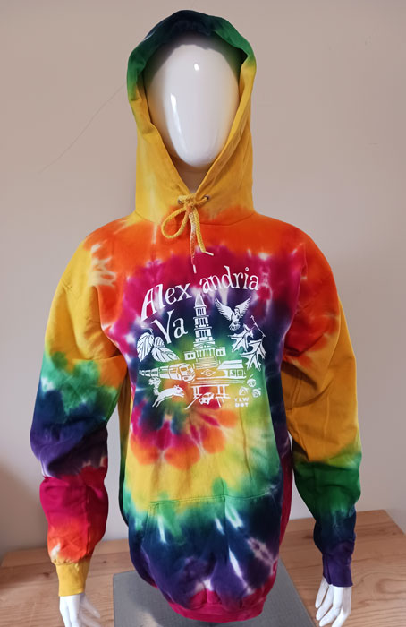 Rainbow tie-dyed hoodie with Alexandria print
