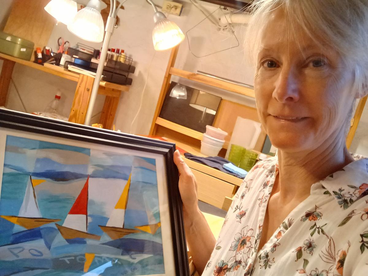 Ellen with her Boats on the Potomac painting in opaque watercolor