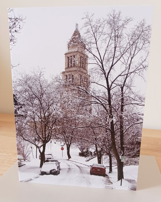 Snowy Masonic Temple scene from a curved road- photo by Ellen