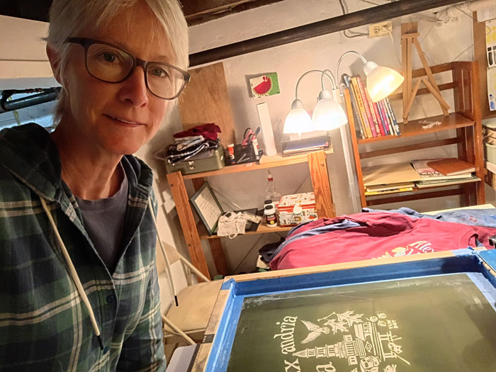 Ellen with screen printing set up