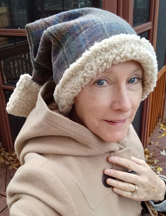 Ellen wearing the tweed stocking cap with faux fur trim