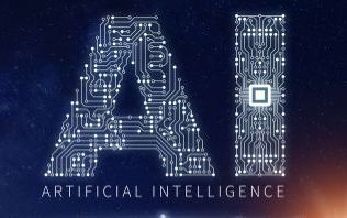 Artificial Intelligence technology concept with text AI made of electronic circuit board with microchip above planet Earth with connected network_ data exchange and computing_ elements from NASA