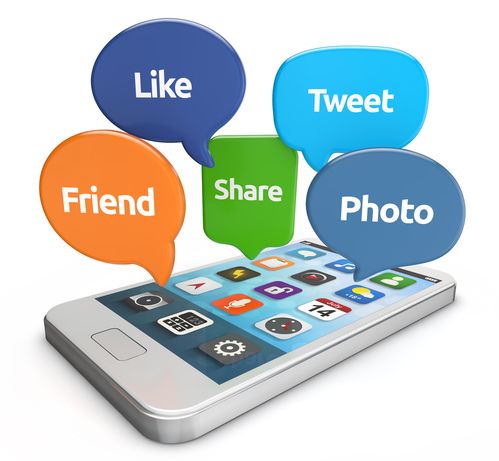 white smartphone with social media bubbles  like_ tweet_ friend_ share_ photo  isolated white background