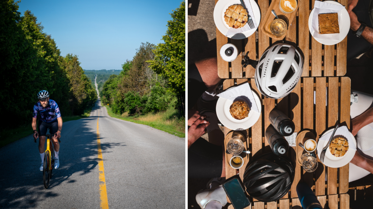 split image: left shows cyclist riding on a rural road, right shows coffee and baked goods and bike helmets on table