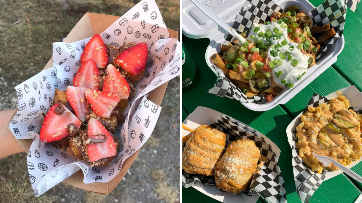 split image of a strawberry dessert on the left and plates of loaded fries and baked goods on the right