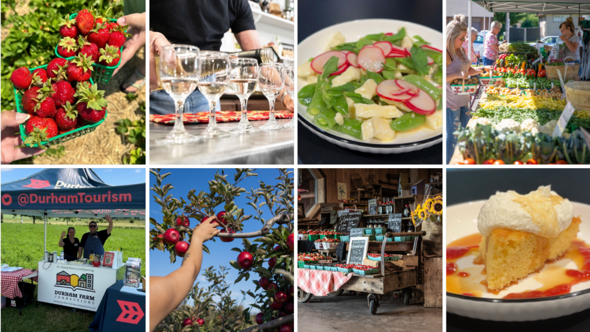 8-grid image. top left to right: strawberries, wine glasses being filled, salad plate and farmers' market stand. bottom left to right: Durham Tourism tent, person picking apple from tree, in store farm stand, plate of cake.