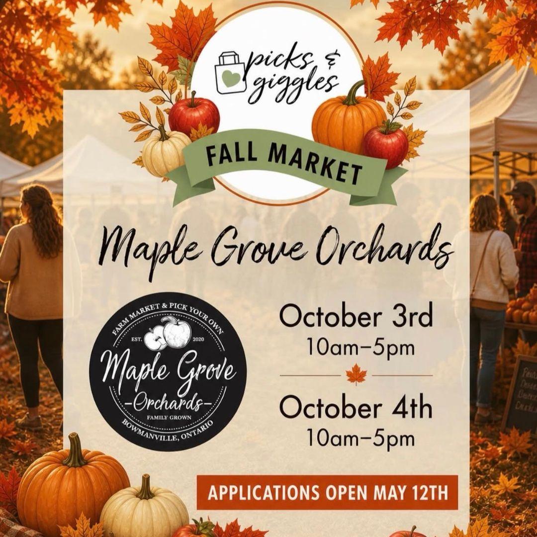 background shows a fall market with leaves and pumpkins. middle has text box with event information