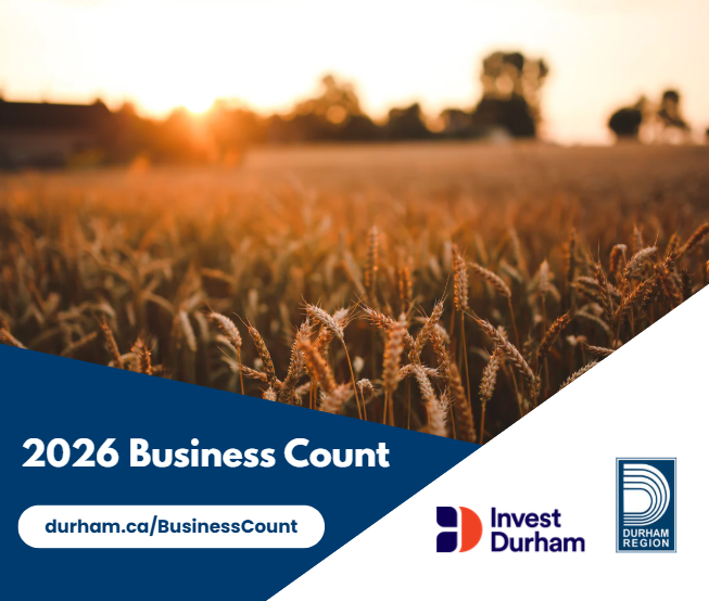 farmer's field at sunset with text: 2026 Business Count, durham.ca slash business count. logos of Invest Durham and Region of Durham
