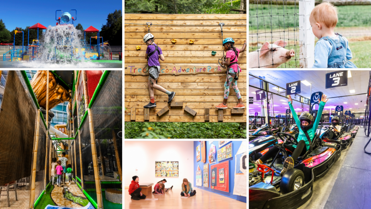 six grid image featuring a splash pad, kids climbing wall, child with a pig, indoor playground, children drawing at an art gallery, child at an indoor go kart
