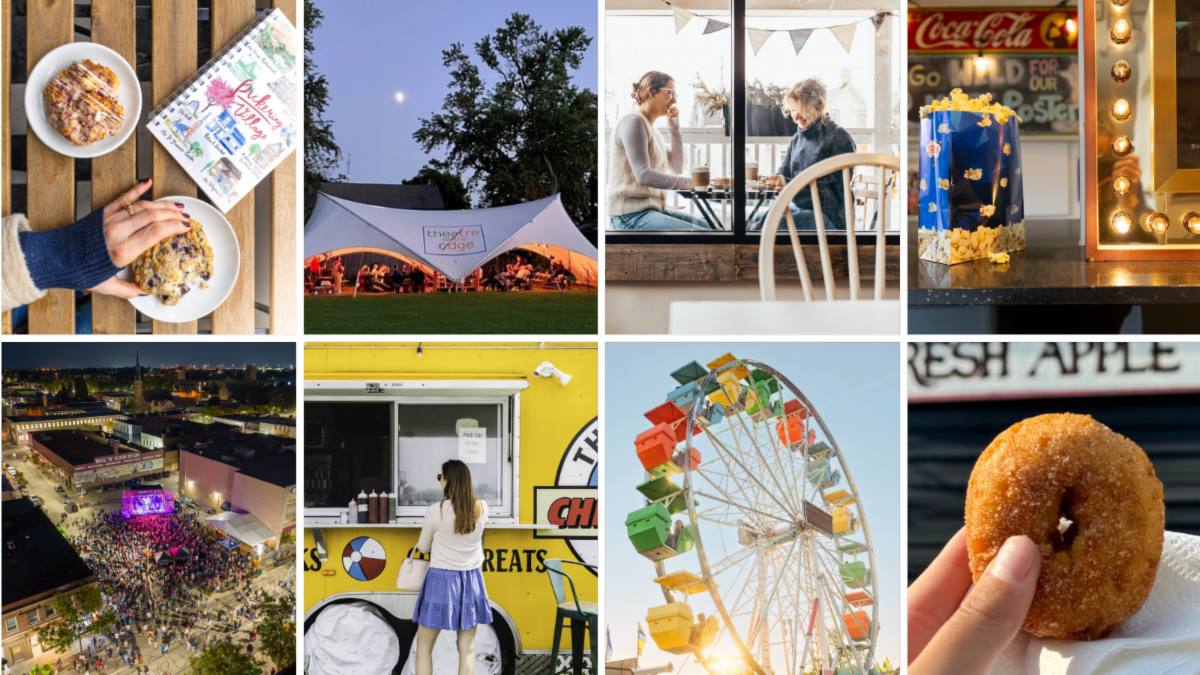 grid of eight images with: two plated scones on a table, people sitting under an event tent, two people seated at a table, bag of popcorn on a movie theatre table, crowd of people at an outdoor concert, woman in line at a food truck, ferris wheel, hand holding a cinamon donut