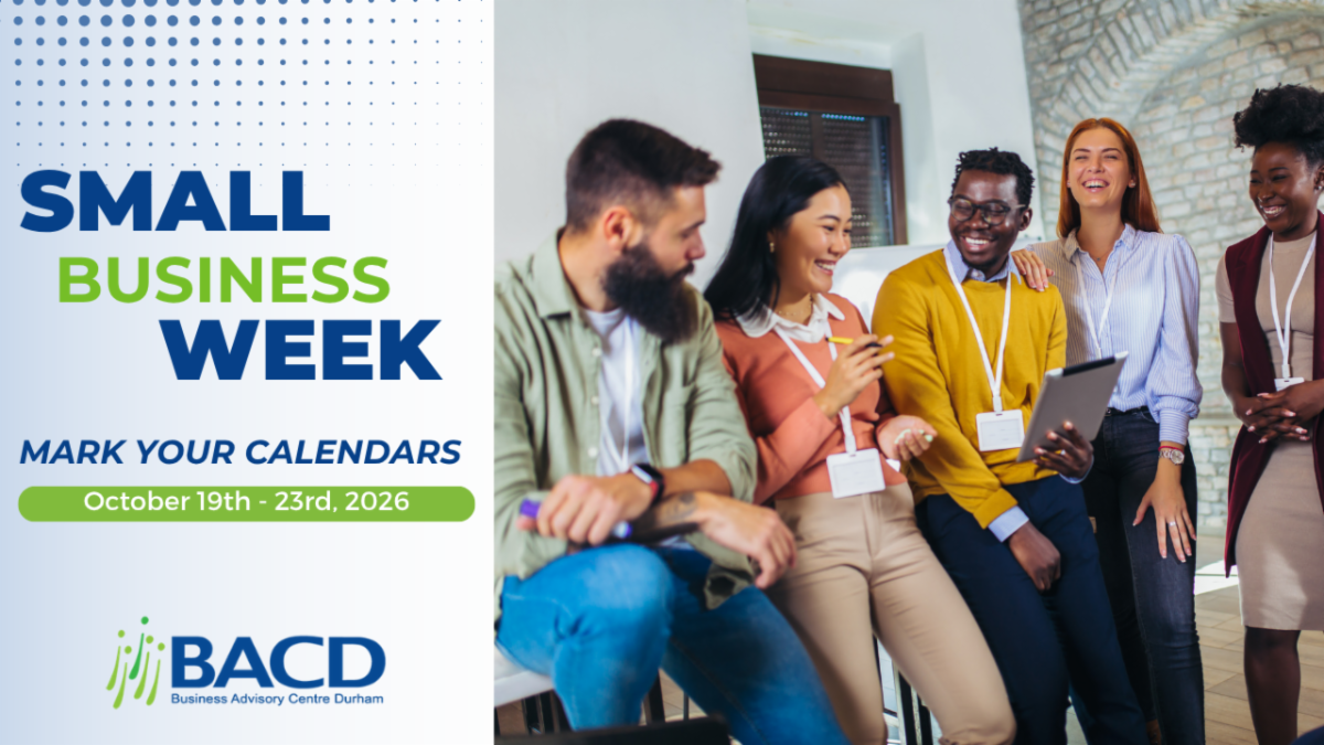 group of people standing in a group and smiling. text on side says Small Business Week, mark your calendar with BACD logo