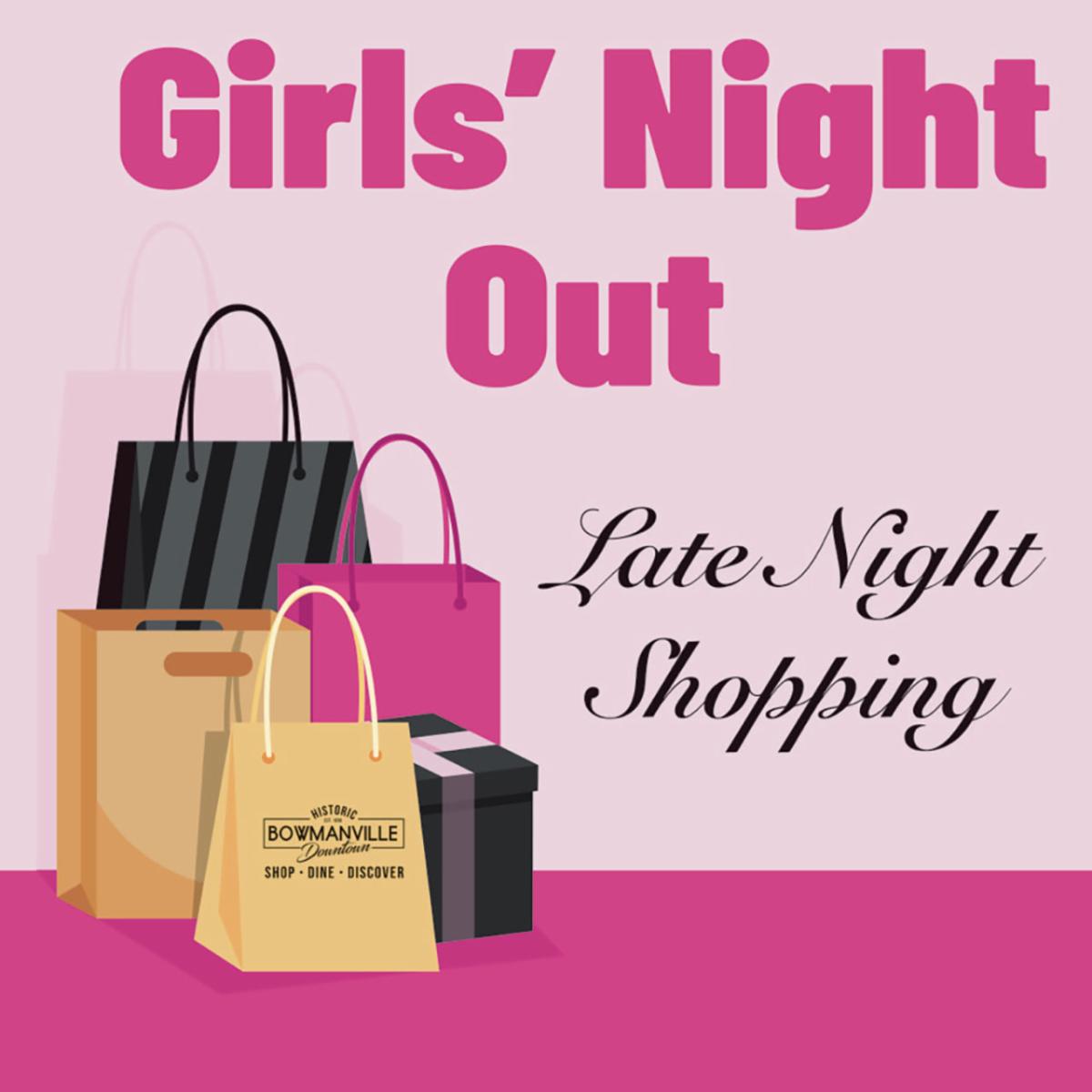 Pink background with graphic images of five shopping bags. text: Girls' Night Out. Late Night Shopping.