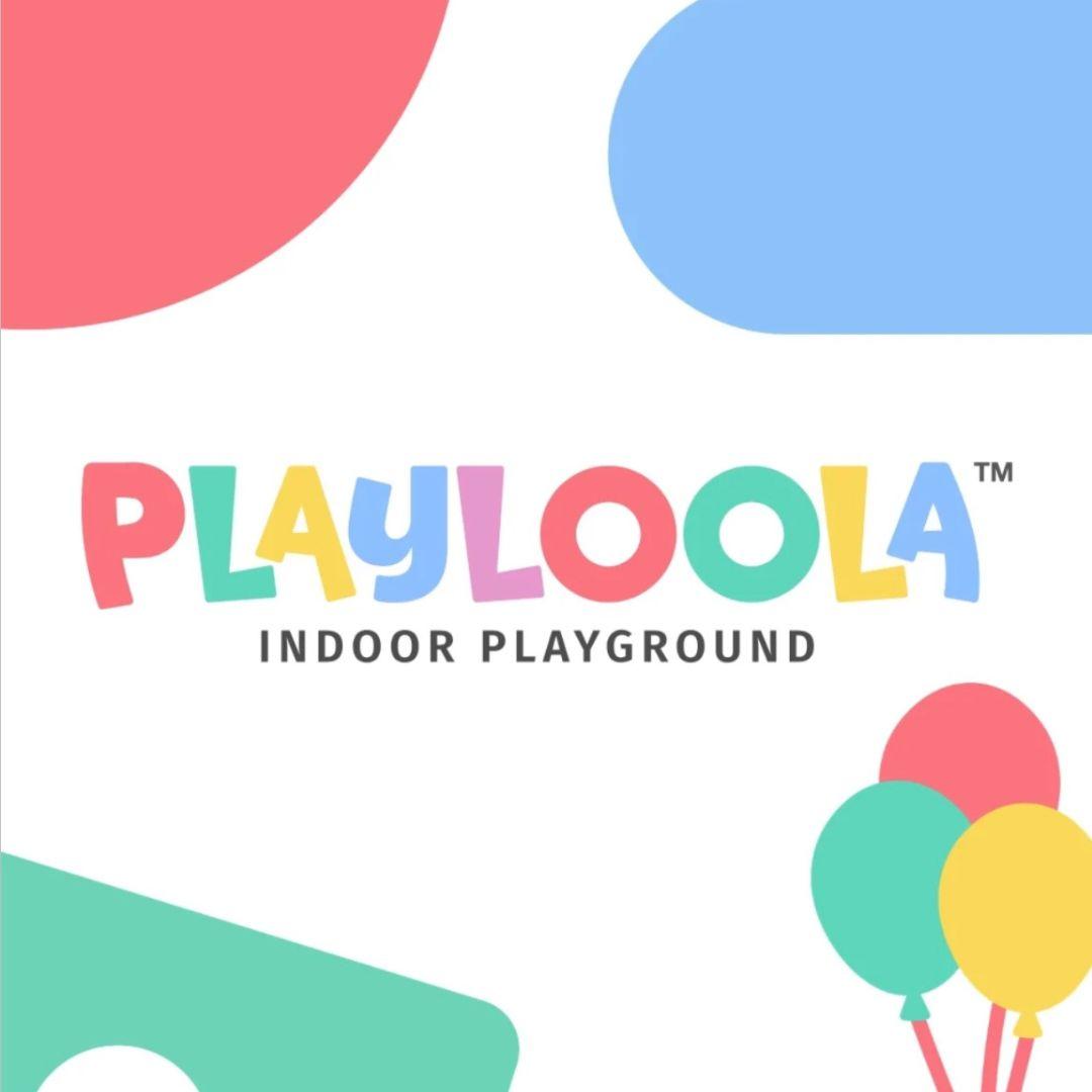 Playloola spelled out in multi-colours with multi-colour shapes at each corner