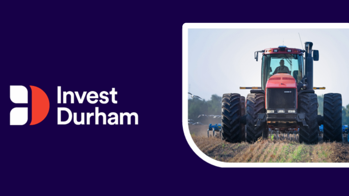 blue background with Invest Durham logo on left and image of a tractor in a field on the right