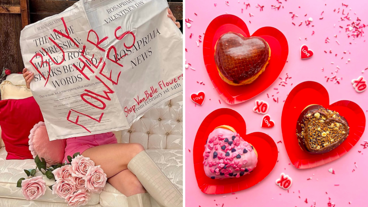 split image. left shows woman holding newspaper that reads 'buy her flowers'. on the right are chocolates