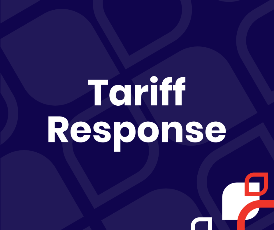blue graphic background with tariff response in bolded white text