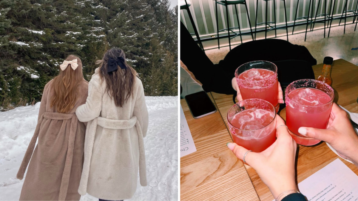 split image. left shows two women in winter coats with back to camera. right shows hands of three people giving cheers with drinks
