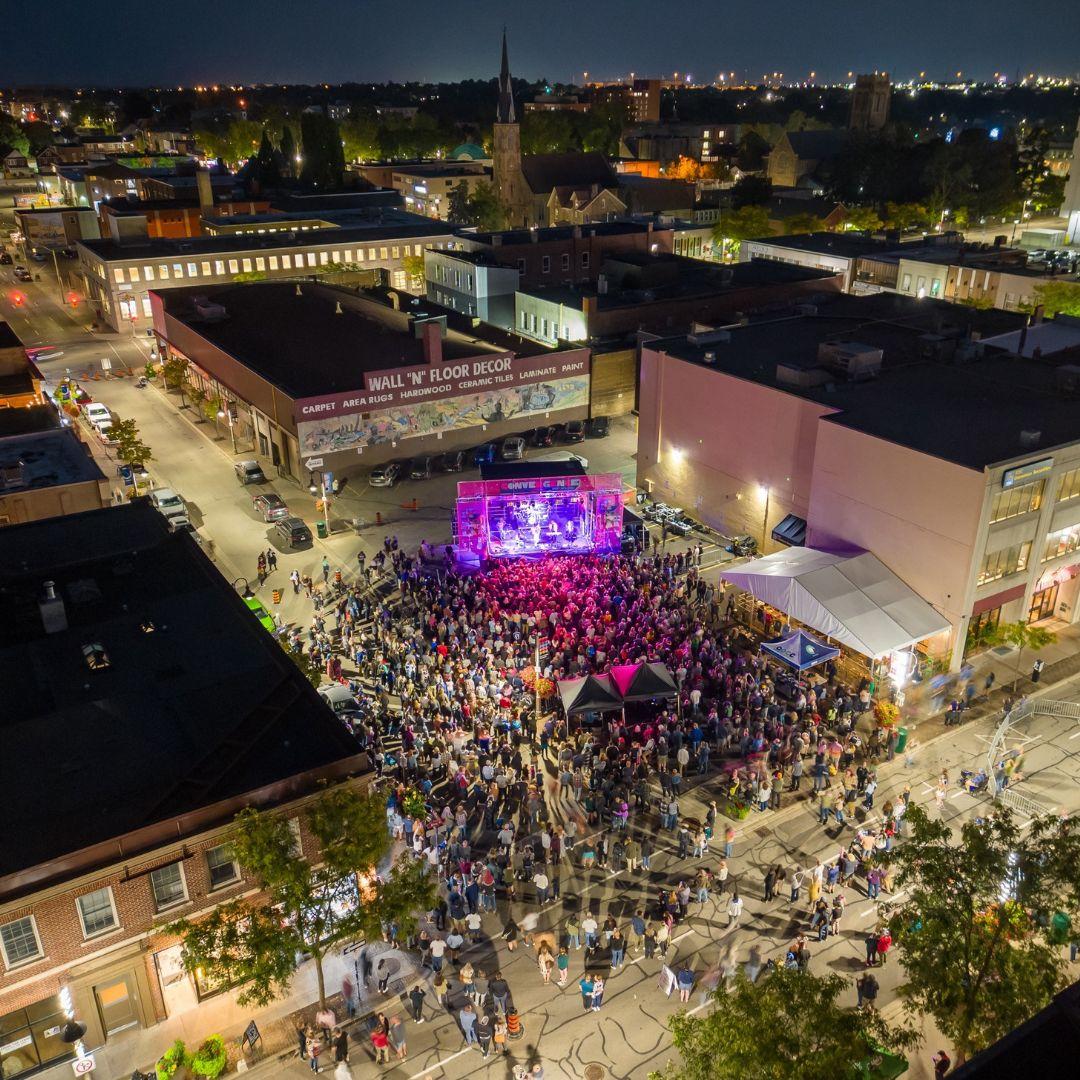 aerial image of a concert in downtown Oshawa