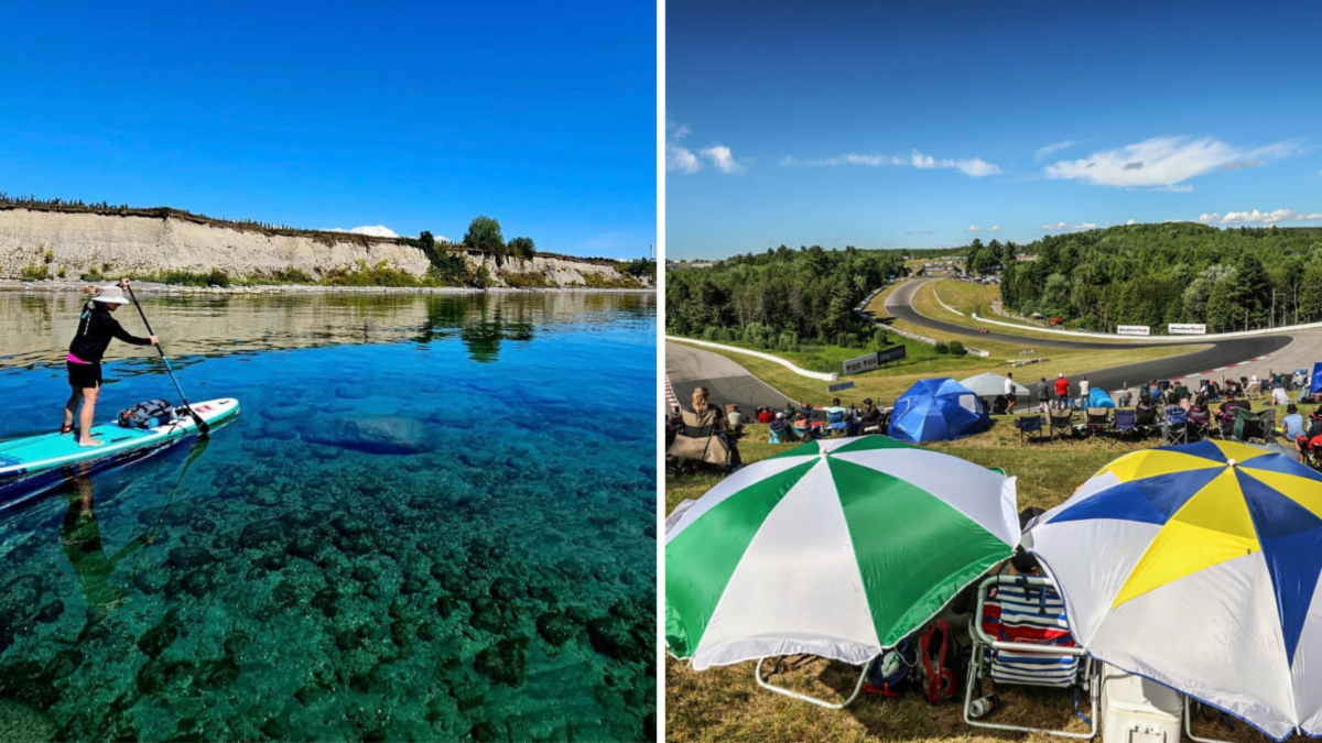 Split image of a standup paddler and people sitting in lawnchairs with umbrellas at the side of a racetrack.