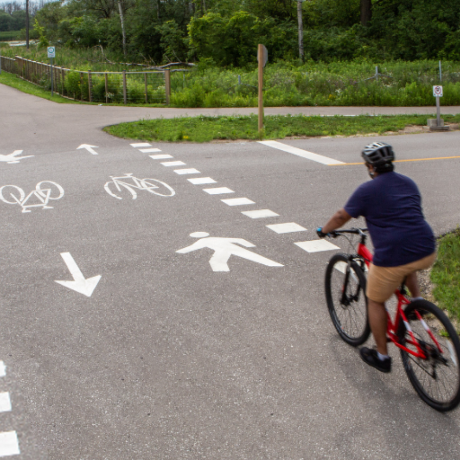 A man riding a bicycle through a mixed crossride.